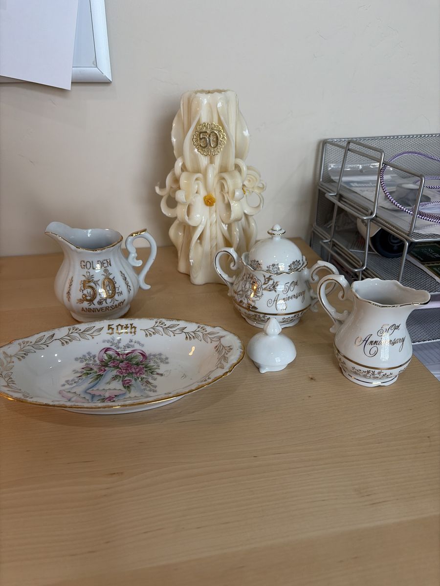 Porcelain China,50th anniversary and candle. Birthday decorations