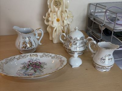 Porcelain China,50th anniversary and candle. Birthday decorations