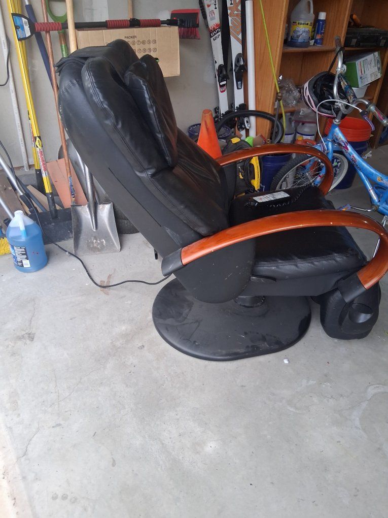 Black Leather Massage Recliner Chair with Wood Accents & Remote Control - Good Condition