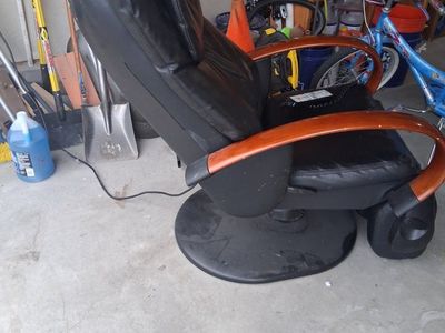 Black Leather Massage Recliner Chair with Wood Accents & Remote Control - Good Condition