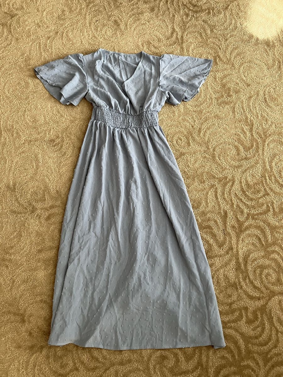 Lot of 8 Women's Dusty Blue Short Sleeve V-Neck elastic waist Dress -