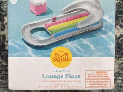 Sun Squad Inflatable Lounge Pool Float with Built-in Headrest, 63" Long, Ages 14+