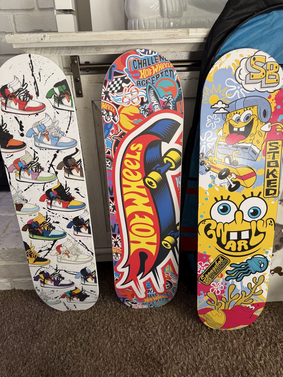 Lot of 3 Decorative Skateboard Wall Art Decks - Sneaker, Hot Wheels, Spongebob