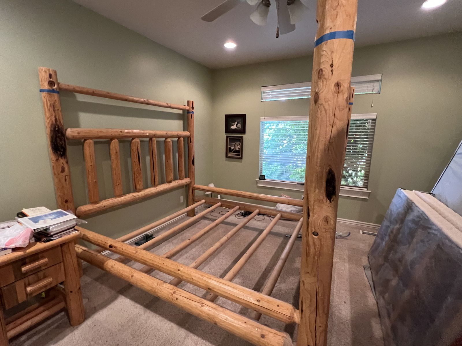 California King Log Canopy Bed with Matching Nightstands