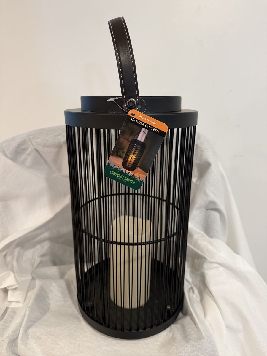 Luminous Garden Black Metal Candle Lantern with Faux Leather Handle - Battery Powered