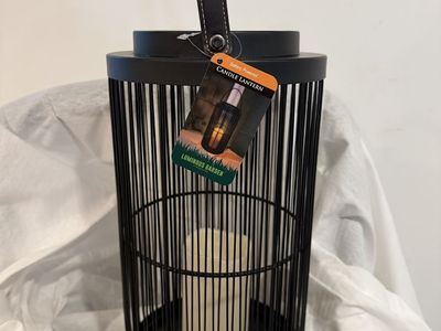 Luminous Garden Black Metal Candle Lantern with Faux Leather Handle - Battery Powered