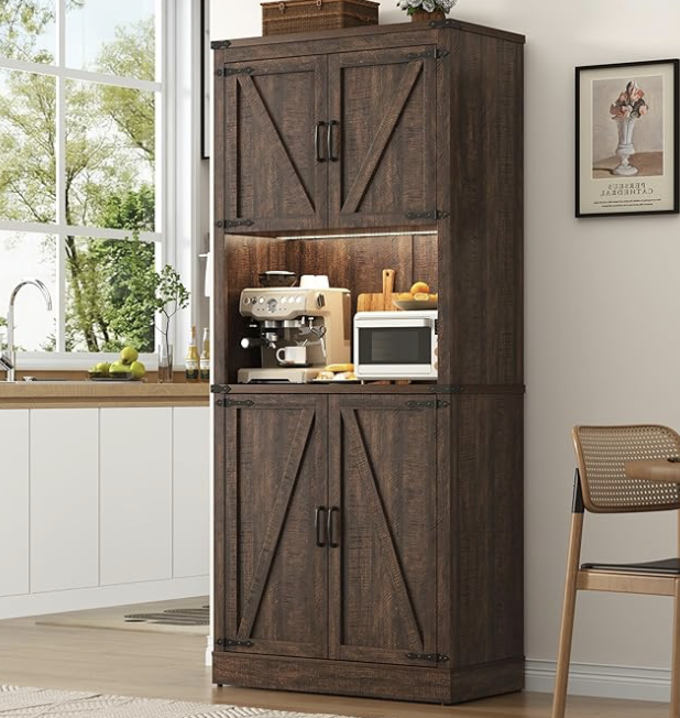 NEW 72" Tall Modern Farmhouse Kitchen Pantry Cabinet with LED Light and Power Outlet