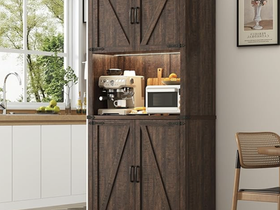 NEW 72" Tall Modern Farmhouse Kitchen Pantry Cabinet with LED Light and Power Outlet