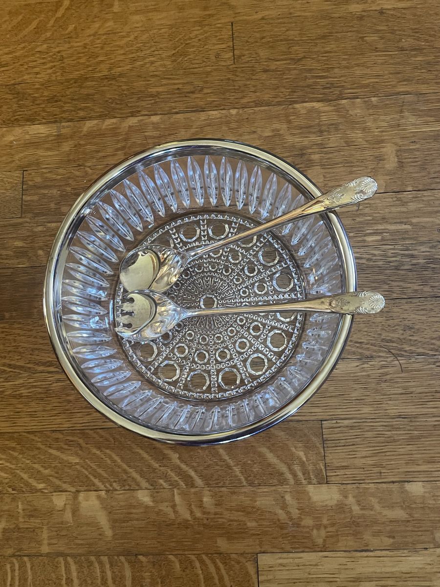 Silver plated salad bowl with two silver salad servers