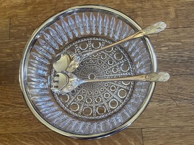 Silver plated salad bowl with two silver salad servers