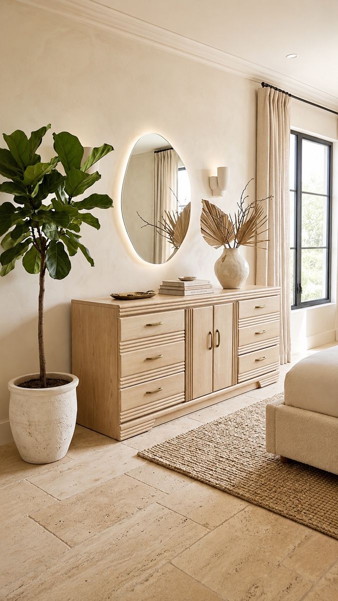 Vintage Mid Century 9-Drawer Cerused Oak Credenza Double Dresser w/Fluted Detailing & Brass Hardware