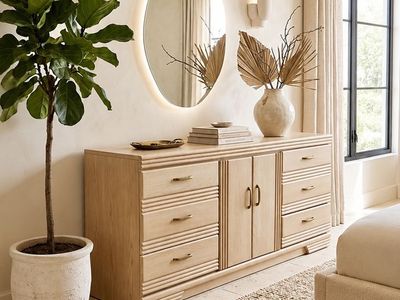 Vintage Mid Century 9-Drawer Cerused Oak Credenza Double Dresser w/Fluted Detailing & Brass Hardware