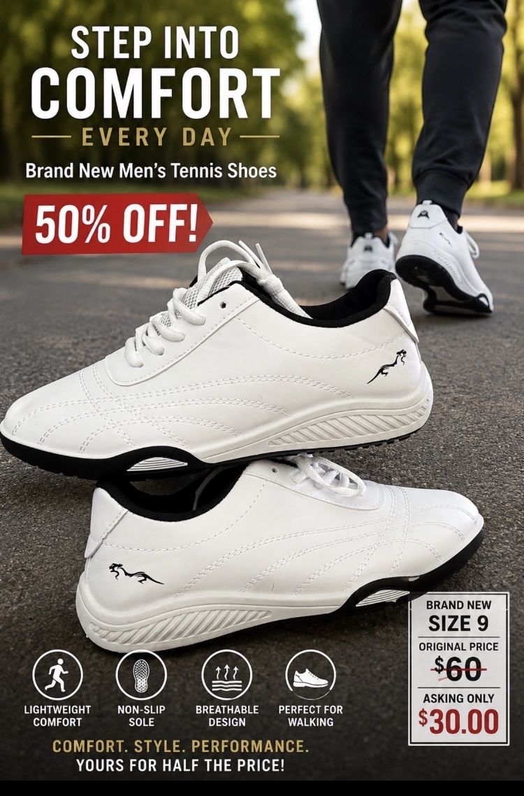 Brand New Men's Athletic Tennis Shoes White/Black - Size US 9