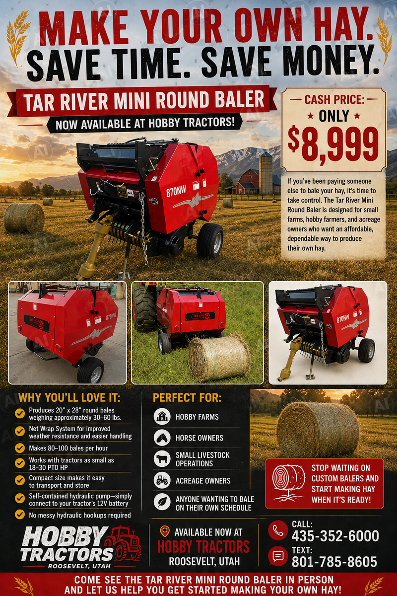  NEW TAR RIVER MINI ROUND BALER — NET WRAP — $8,999! 