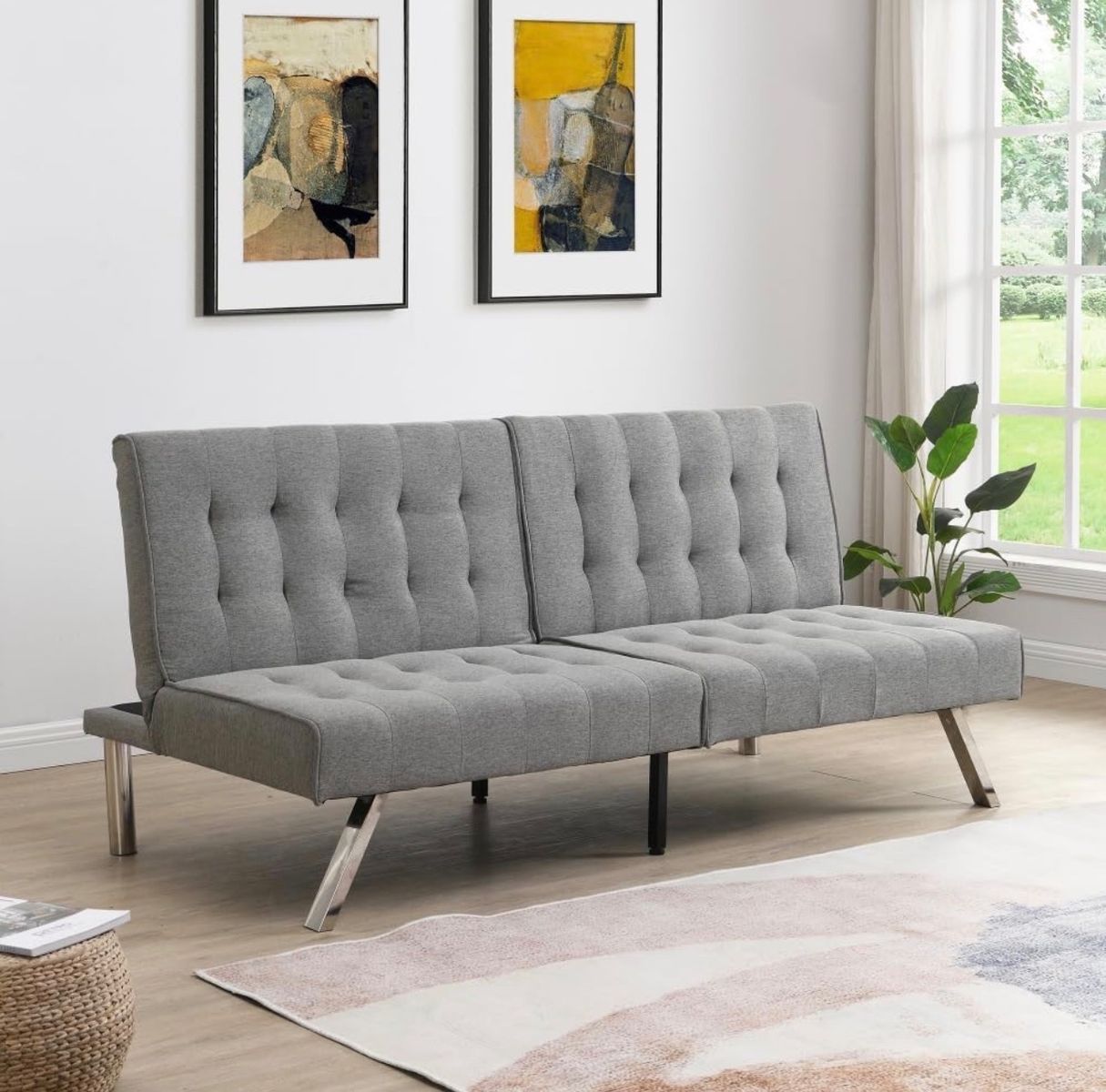 Brand new Convertible Grey Tufted Futon Sofa Bed with Chrome Legs - 68.1" Length, Modern Design