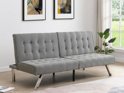 Brand new Convertible Grey Tufted Futon Sofa Bed with Chrome Legs - 68.1" Length, Modern Design