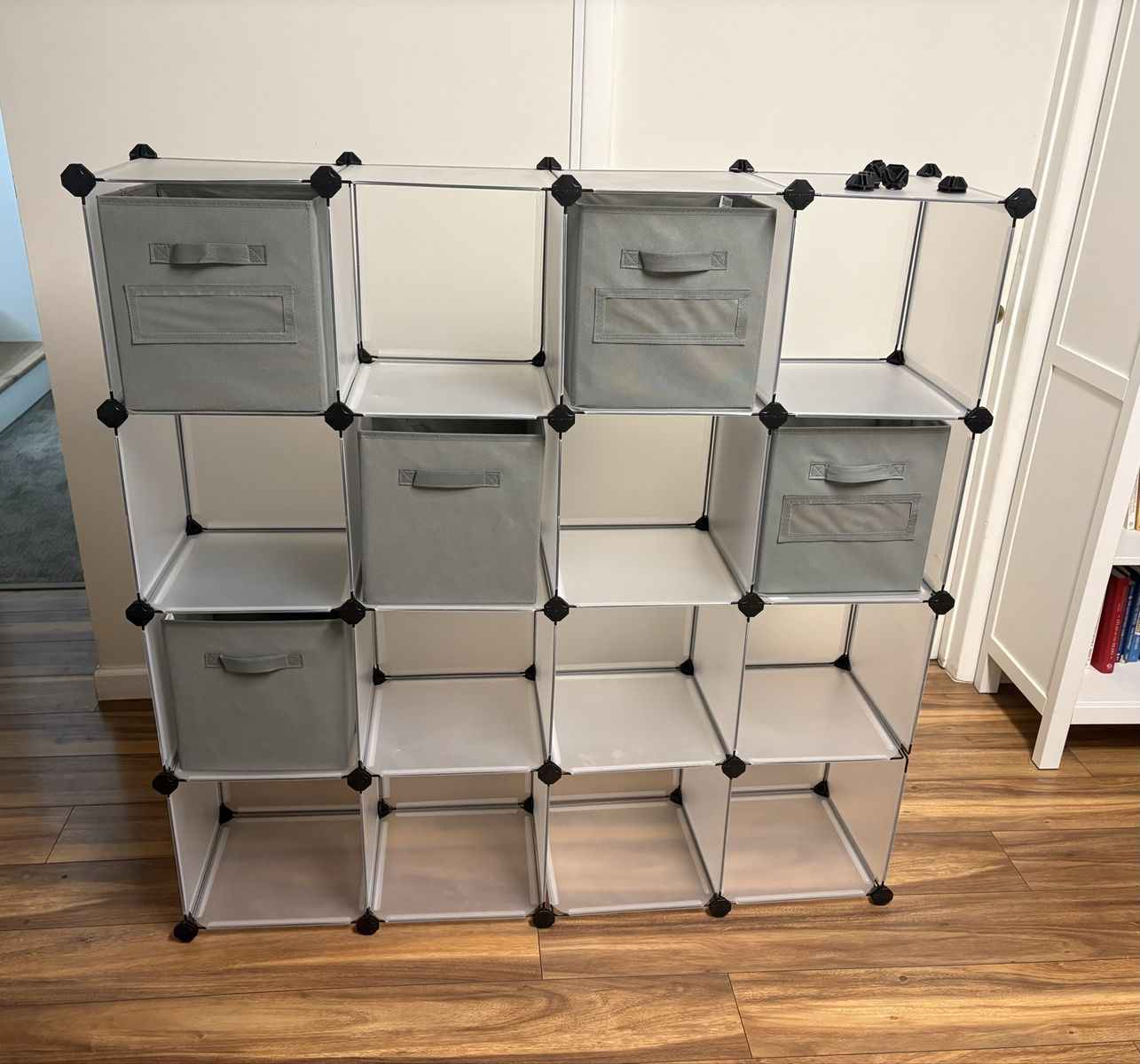 Modular Cube Storage Organizer with 12 Cubes and 5 Fabric Drawers - Versatile White & Gray Shelving