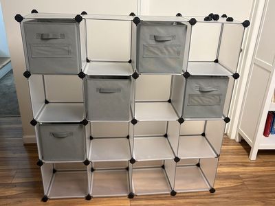 Modular Cube Storage Organizer with 12 Cubes and 5 Fabric Drawers - Versatile White & Gray Shelving