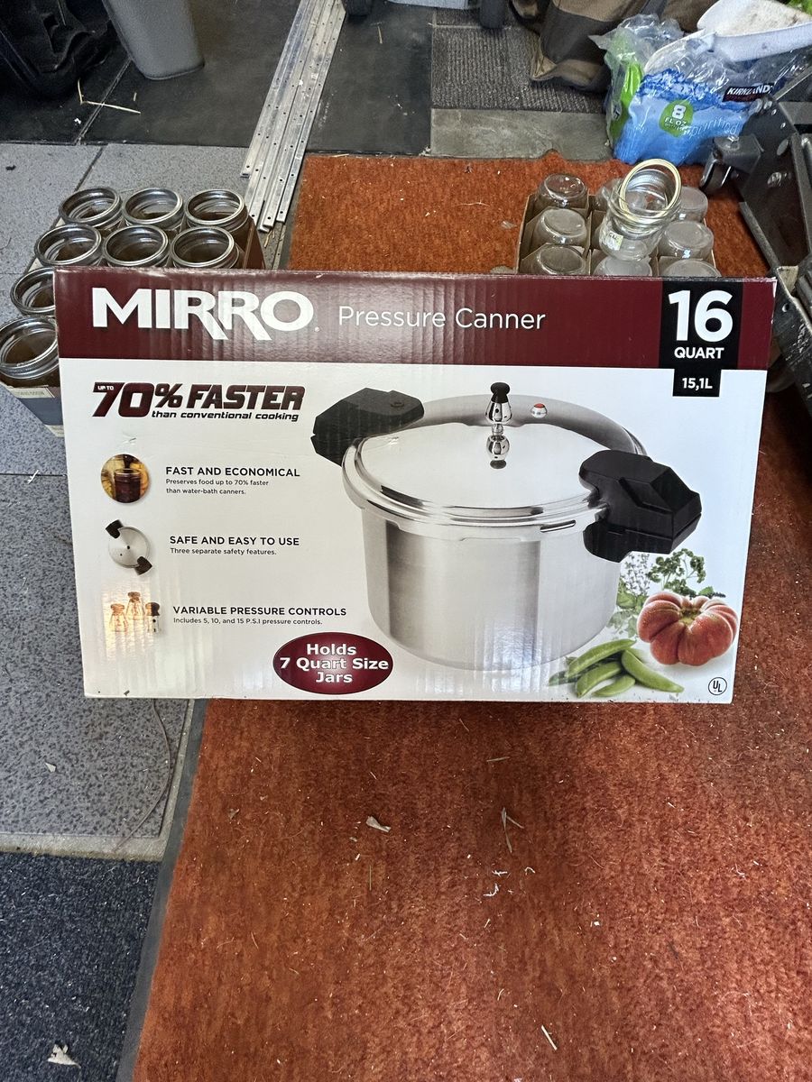 Mirro 16 Quart Pressure Canner Cooker with 4 doz Kerr pint wide mouth bottles w/rings. 