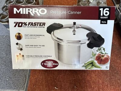 Mirro 16 Quart Pressure Canner Cooker with 4 doz Kerr pint wide mouth bottles w/rings.