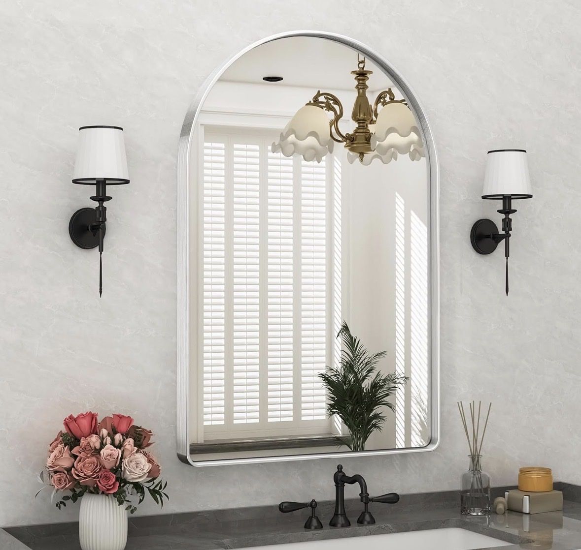 Arched Wall Mirror - 24x36 Inch Aluminum Frame, Shatter-Proof HD Glass for Bathroom/Vanity