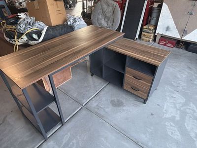 Modern L-Shaped Desk with Shelves & Drawers - Wood Grain & Black Frame