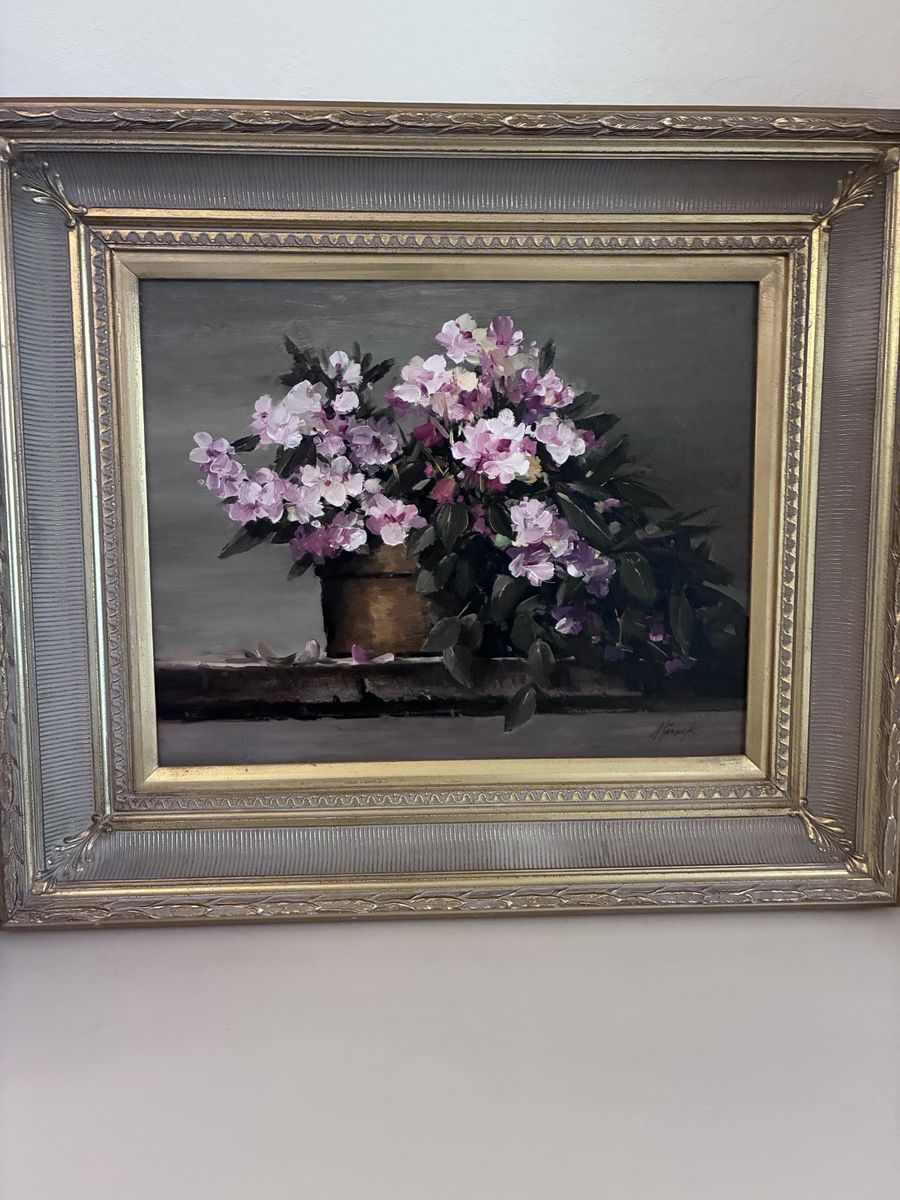 Original "Flowers in a Pot" Oil Painting by Jerry Hancock - Gold & Silver Frame - Floral Still Life Art
