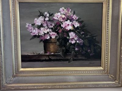 Original "Flowers in a Pot" Oil Painting by Jerry Hancock - Gold & Silver Frame - Floral Still Life Art