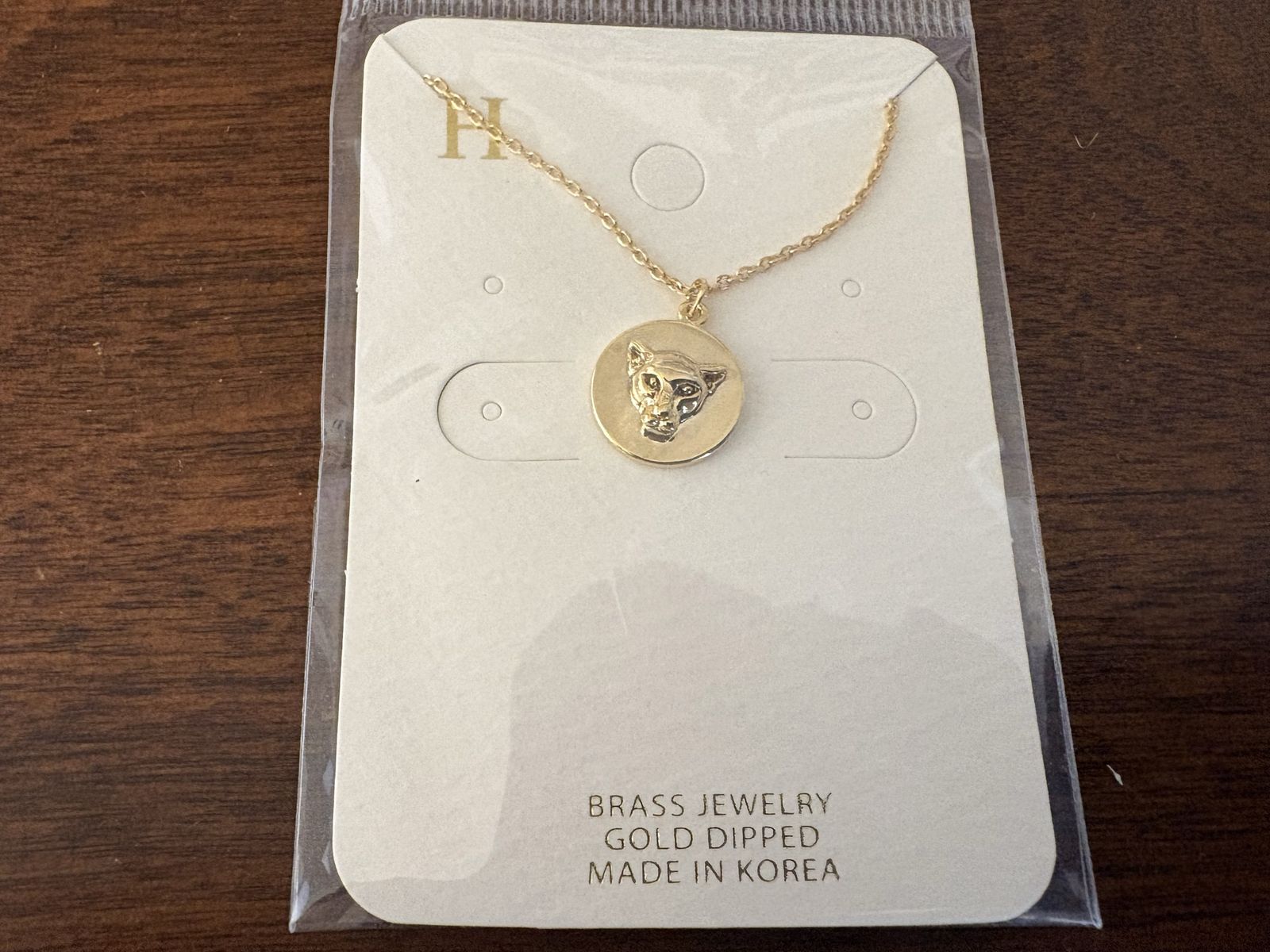 New Gold Dipped Brass Cougar Head Necklace 