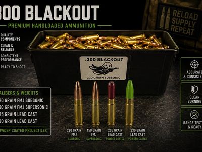 300 Blackout - 220 FMJ, in Subsonic, 150 grain FMJ, and 230 grain subsonic, with lead cast projectile.