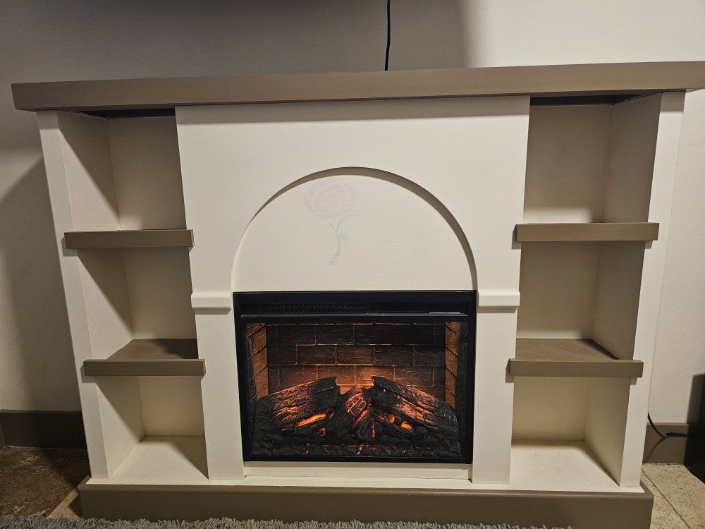 Electric Fireplace Entertainment Center with Shelves - White & Taupe Faux Fireplace Heater
