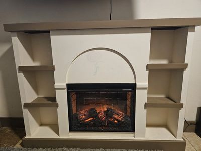Electric Fireplace Entertainment Center with Shelves - White & Taupe Faux Fireplace Heater
