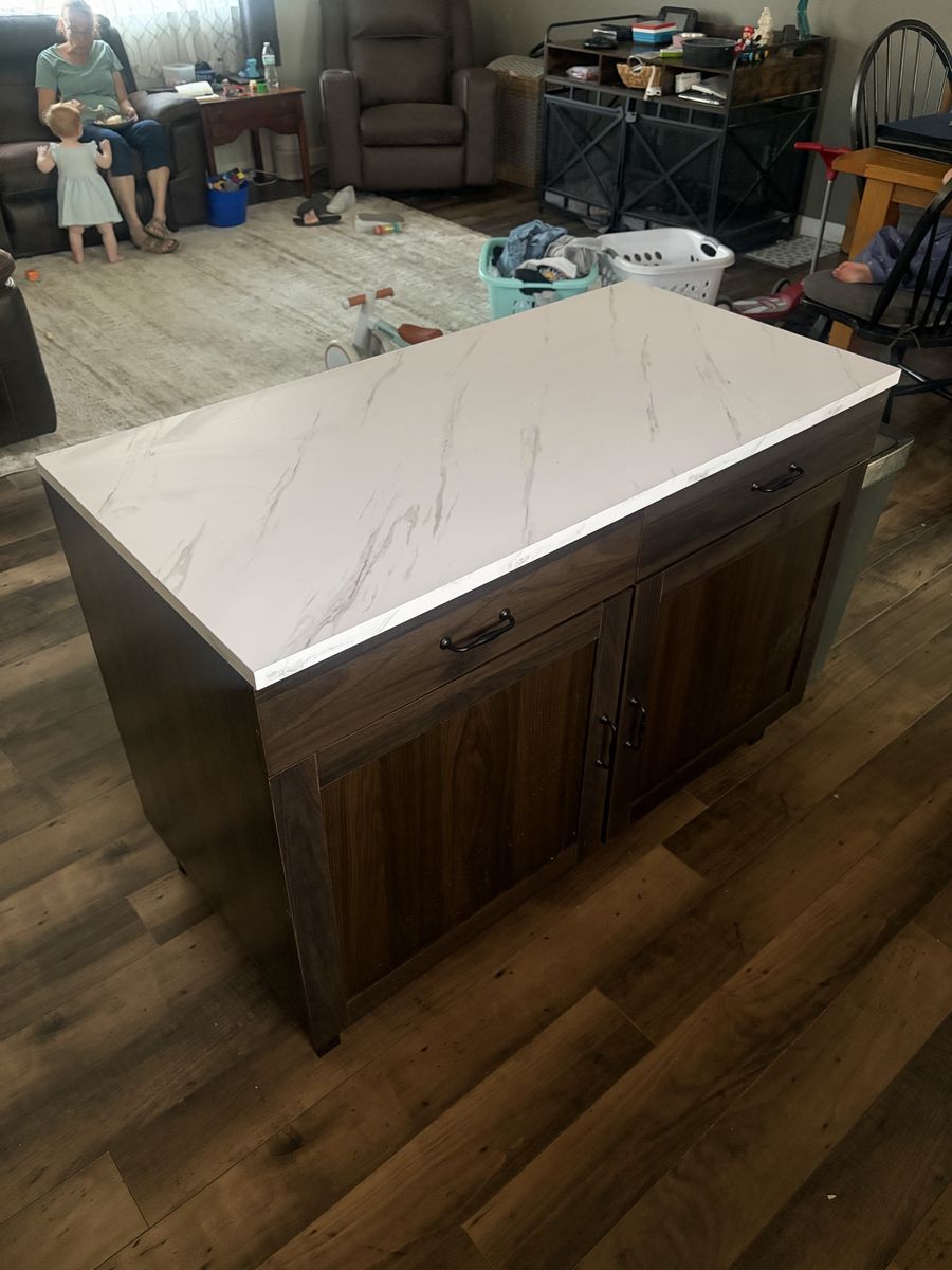 Dark Wood Kitchen Island with faux White Marble-Look Countertop & Storage Drawers/Cabinets