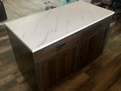 Dark Wood Kitchen Island with faux White Marble-Look Countertop & Storage Drawers/Cabinets