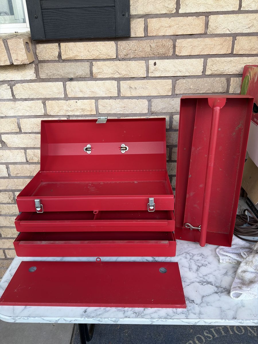 Vintage Red Metal Tool Box with Removable Tray and Compartments