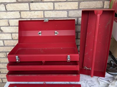 Vintage Red Metal Tool Box with Removable Tray and Compartments
