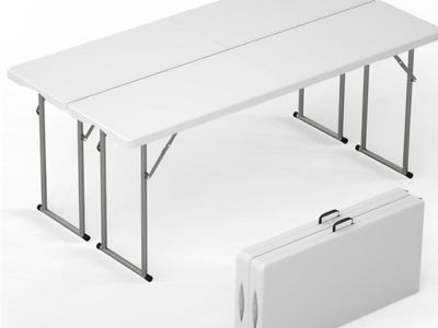 6 FT Narrow Folding Table 2 PCS, Tabletop Fold-in-Half, Thickened HDPE Material and Thicker Metal Frame
