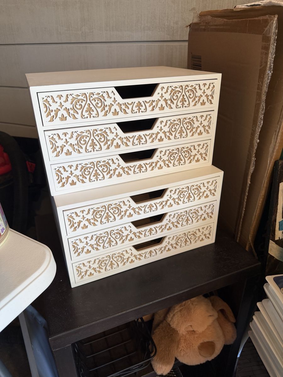 White & Ornate Carved Design Stackable 3-Drawer Storage Boxes (Set of 2)