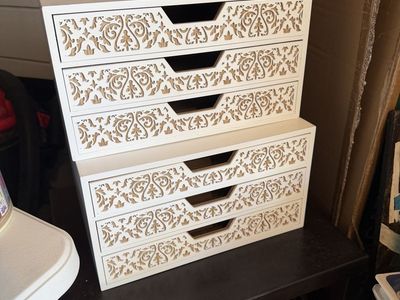 White & Ornate Carved Design Stackable 3-Drawer Storage Boxes (Set of 2)
