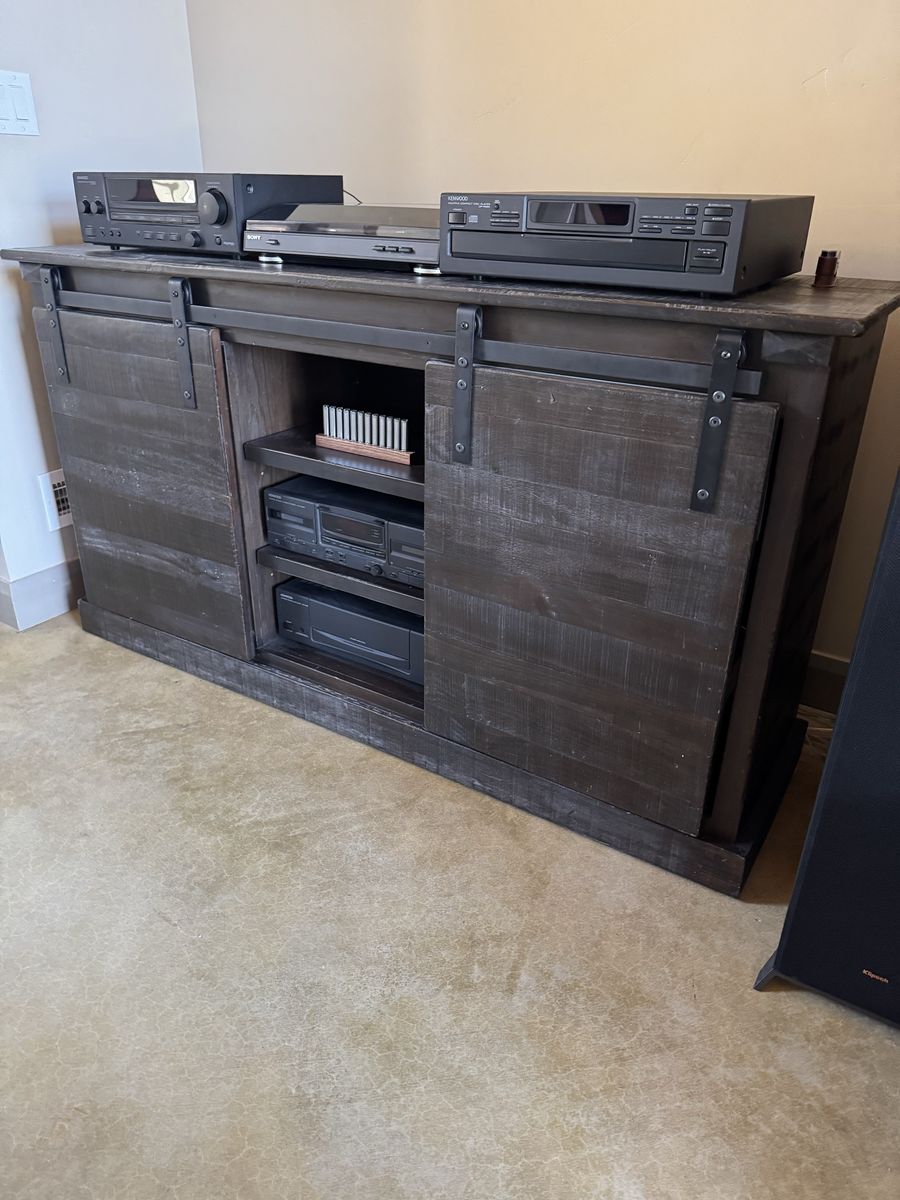 Rustic Farmhouse Style Media Console with Sliding Barn Doors - Dark Wood Finish