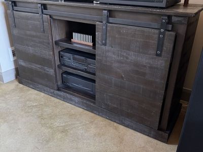 Rustic Farmhouse Style Media Console with Sliding Barn Doors - Dark Wood Finish