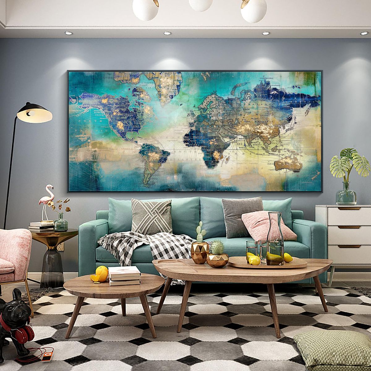 New World Map Canvas Art - Abstract Wall Art for Office & Living Room, Green, 30x60 Black Framed