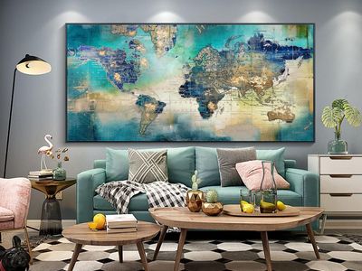 New World Map Canvas Art - Abstract Wall Art for Office & Living Room, Green, 30x60 Black Framed
