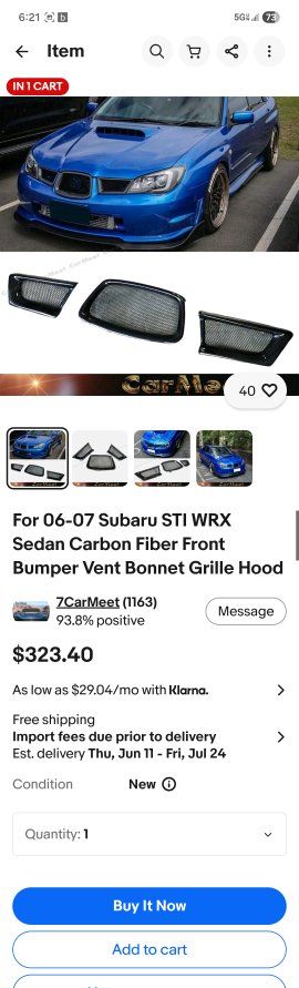 2006 - 2007 Subaru STI WRX carbon fiber grille kit