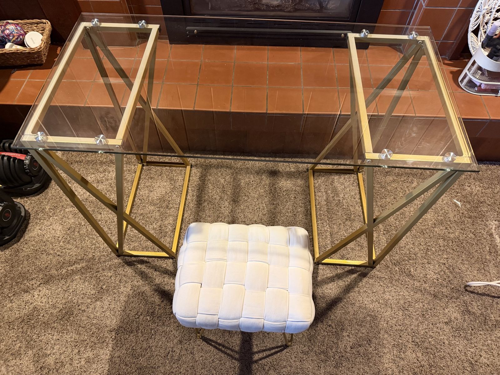 Glass Top Gold Metal Desk with White Woven Stool