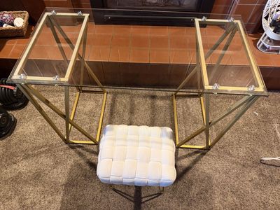 Glass Top Gold Metal Desk with White Woven Stool
