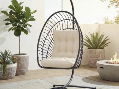 Black Outdoor Egg Chair w/ Stand & Beige Cushions - Patio Hanging Basket Chair