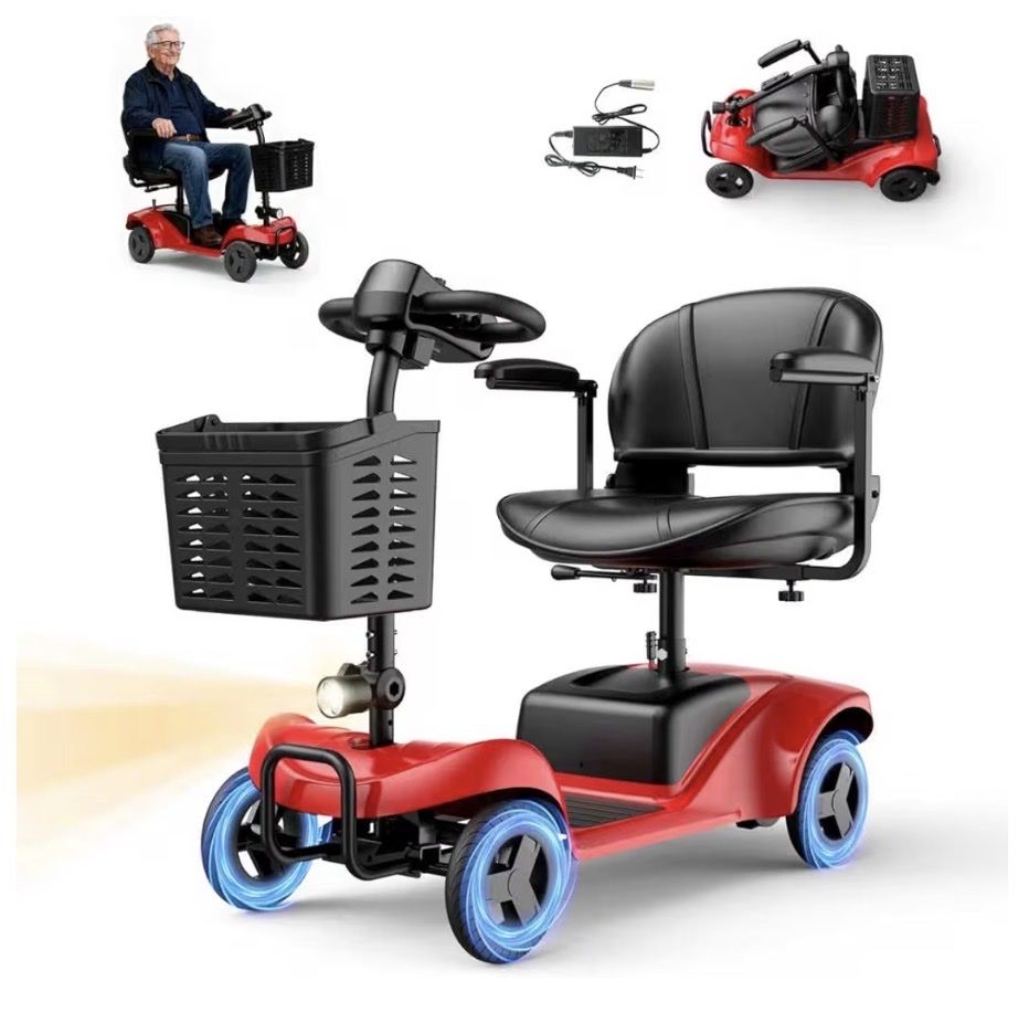 Foldable Red Mobility Scooter w/ Basket, Headlight & 300lbs Capacity - 15 miles on a charge