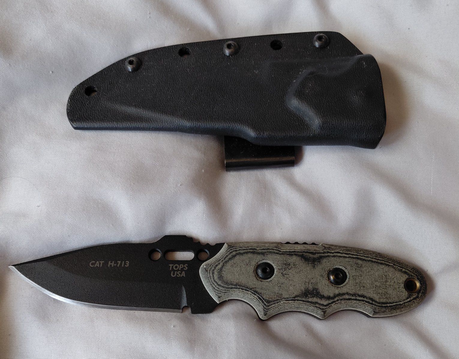 TOPS USA CAT H-713 Fixed Blade Knife with Kydex Sheath and Micarta Handle
