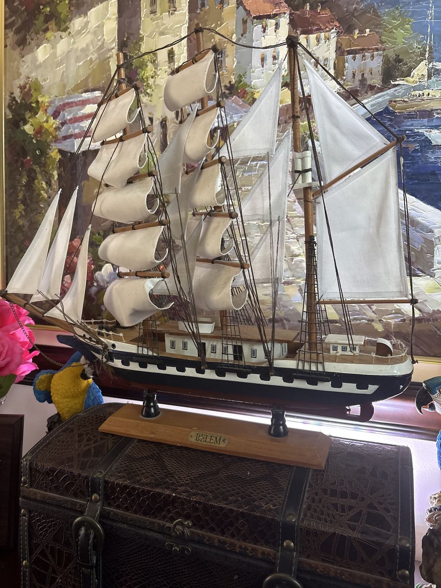 Vintage Handcrafted Wooden Tall Ship Model - Belem Clipper Sailing Ship Decor